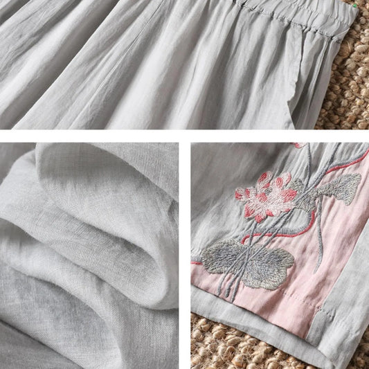 Retro Embroidery Pants Pleated Loose Leisure Versatile Wide Leg Pants Bohemian Vacation Slanted Pocket Breathable Trousers