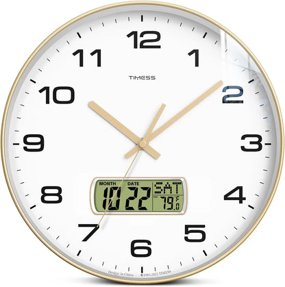 TIMESS Calendar Wall Clock,3 Sizes 4 Colors Optional with Calendar and  Temperature Display,battery Operated  Wall Clock.