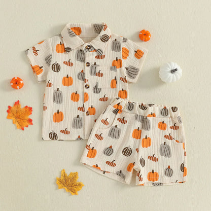 2025-05-09 Lioraitiin Baby Boys Halloween Outfits Pumpkin Print Button Short Sleeves T-Shirt and Elastic Shorts Set Clothes Set