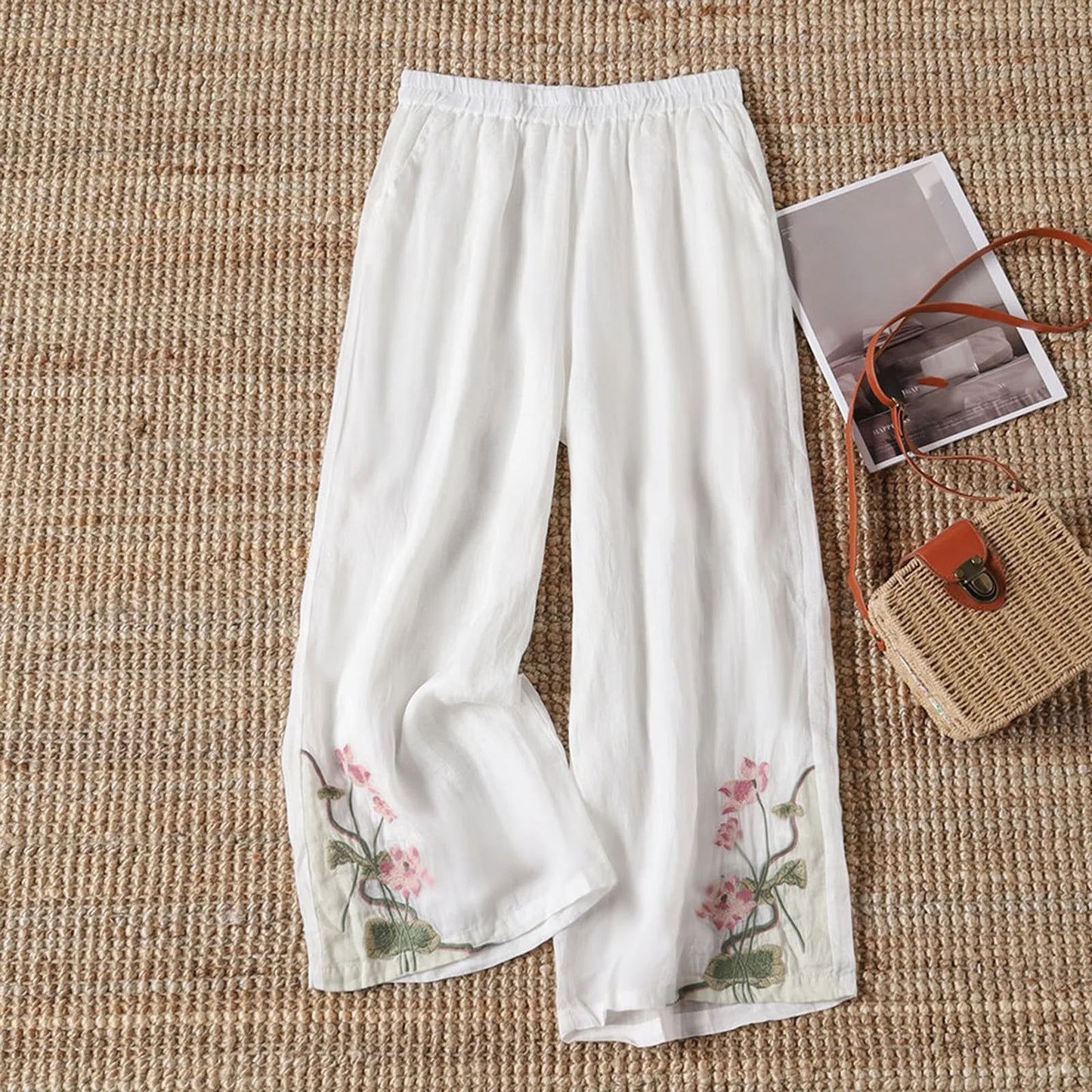 Retro Embroidery Pants Pleated Loose Leisure Versatile Wide Leg Pants Bohemian Vacation Slanted Pocket Breathable Trousers