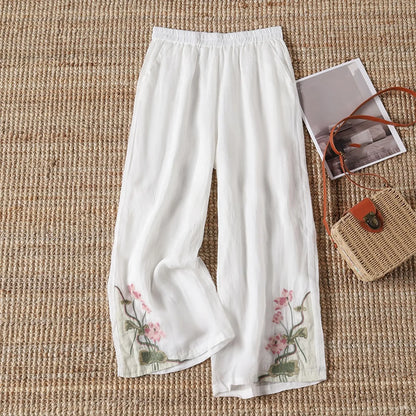 Retro Embroidery Pants Pleated Loose Leisure Versatile Wide Leg Pants Bohemian Vacation Slanted Pocket Breathable Trousers