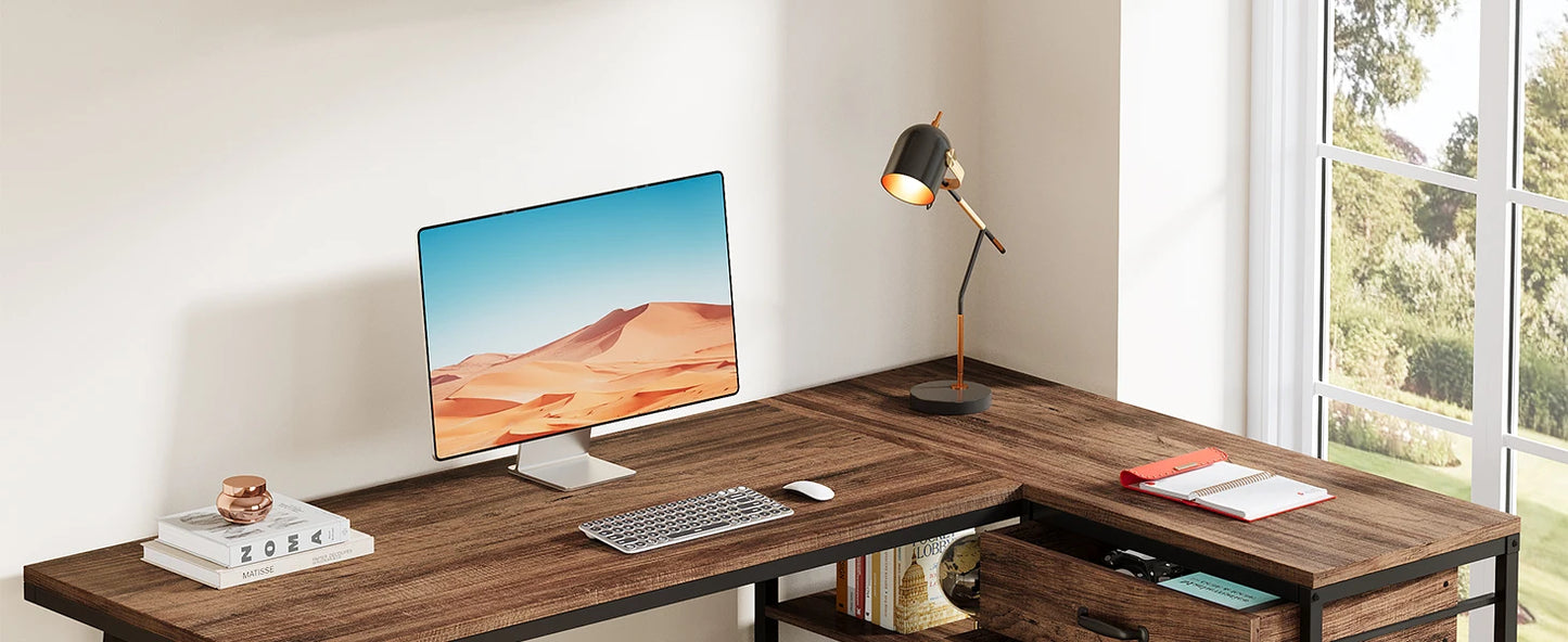 L Shaped Office Desk, Reversible Corner Computer Desk with 3 File Drawers and 2 Storage Shelves for Home Office, Study