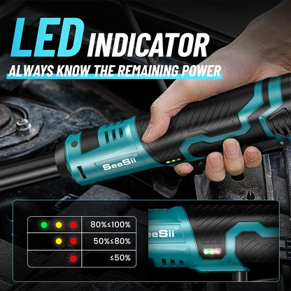 SEESII 3/8"Cordless Electric Wrench 55Nm 6" Extended Ratchet Wrench 12V Rechargeable Angle Wrench Car Repair Tools w/2 Batteries