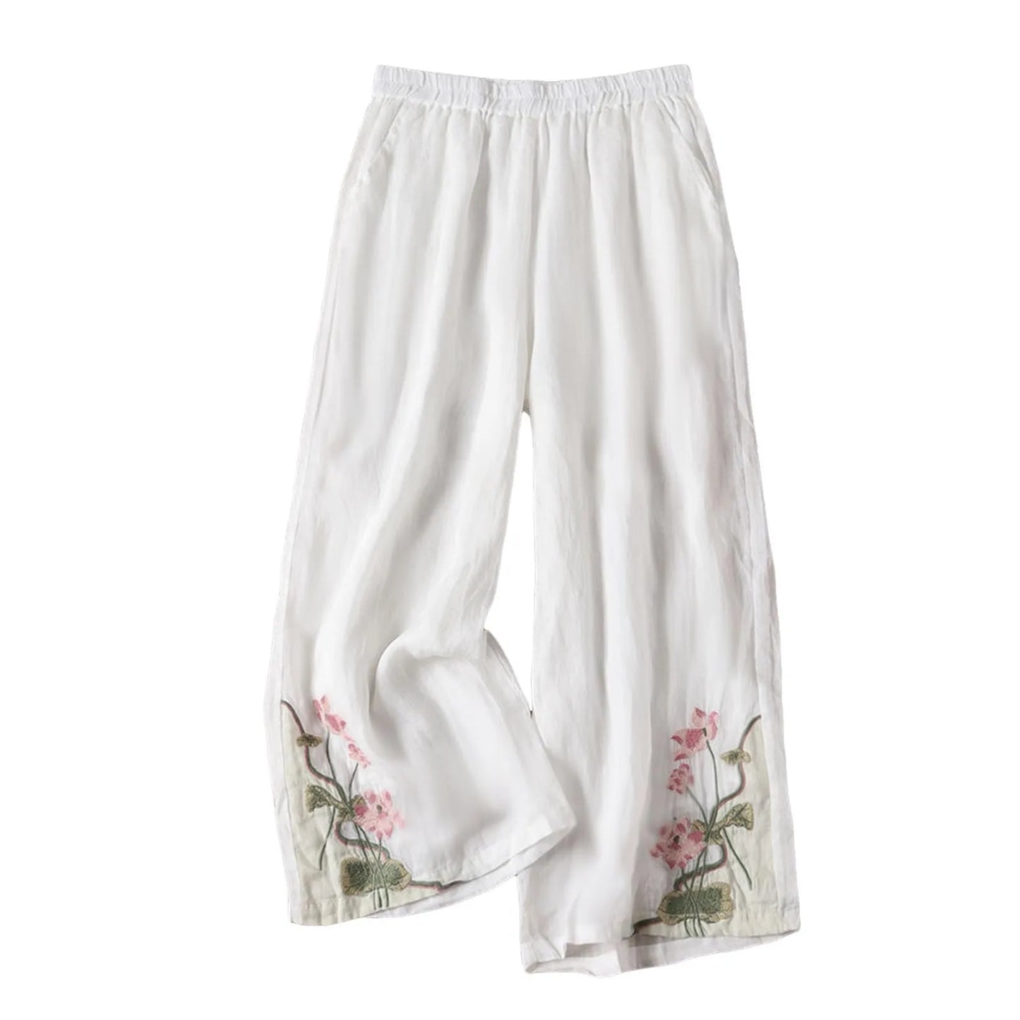 Retro Embroidery Pants Pleated Loose Leisure Versatile Wide Leg Pants Bohemian Vacation Slanted Pocket Breathable Trousers