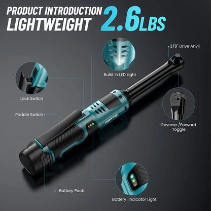SEESII 3/8"Cordless Electric Wrench 55Nm 6" Extended Ratchet Wrench 12V Rechargeable Angle Wrench Car Repair Tools w/2 Batteries