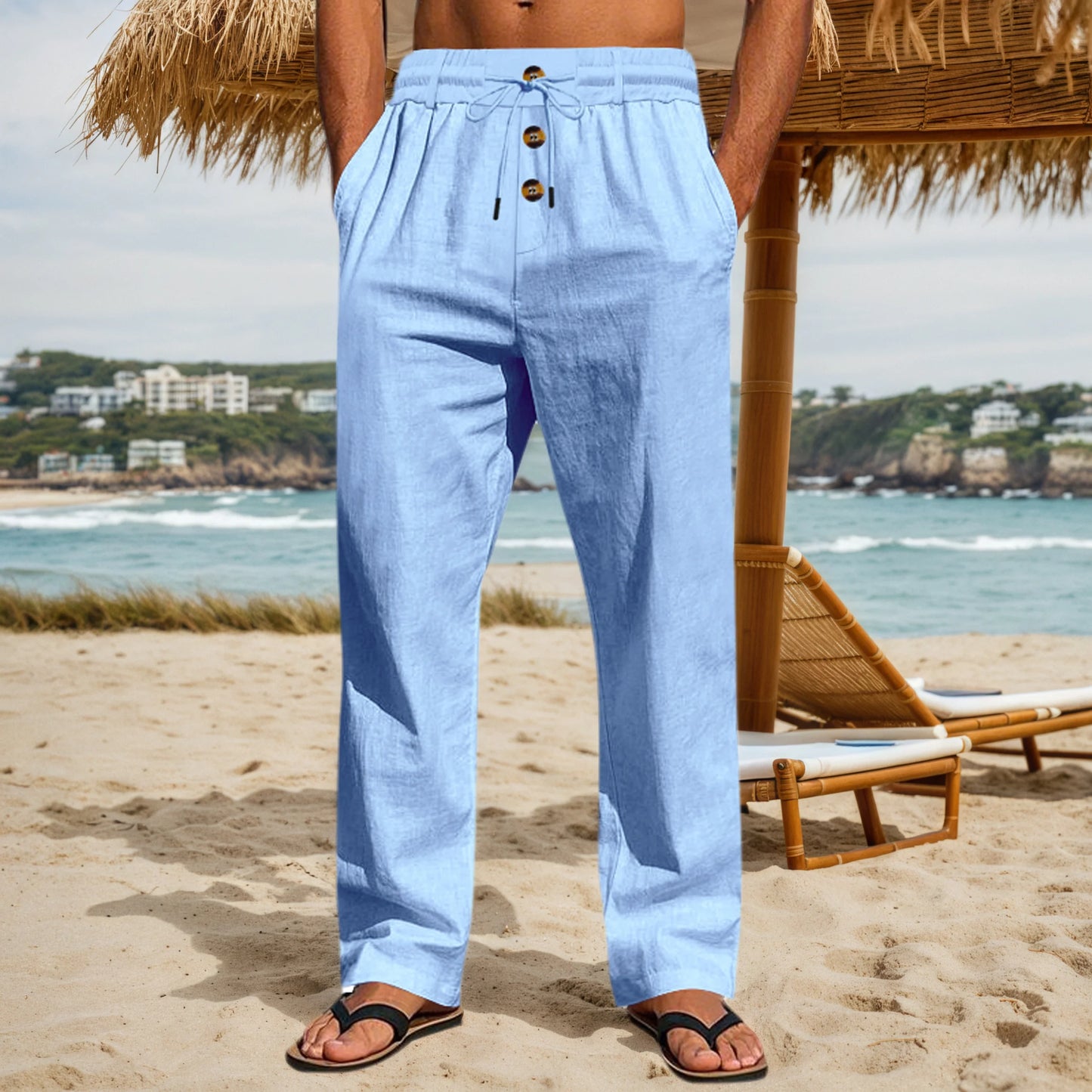 Mens Wrinkle Cotton Loose Straight Leg Pants Three Buttons Placket Elastic Drawstring Waist Pocket Design Thin Summer Coastal Resort Daily Casual Long Trousers