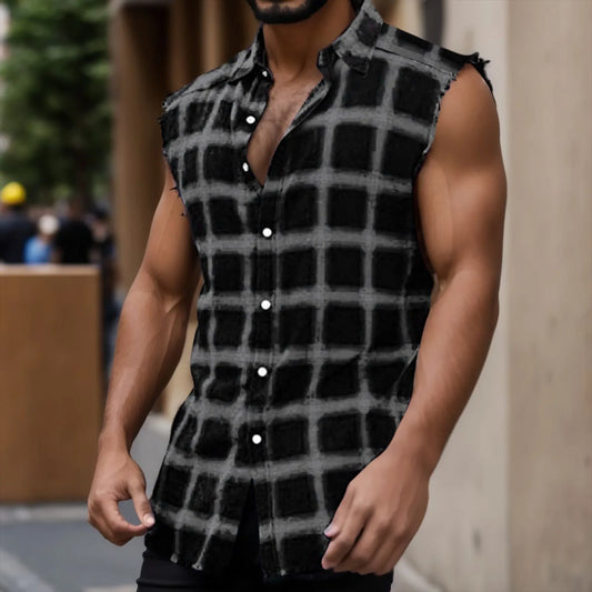Tank Top For Men Casual Mens Summer Fashion Casual Plaid Print Sanding Sleeveless T Shirt Vest Regata Masculina