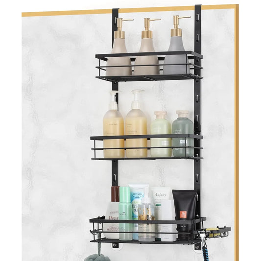 Adjustable Over-Door Shower Caddy Rack with Rustproof Shelves Hooks & Soap/Shampoo Holder for Bathroom Kitchen Storage - Black