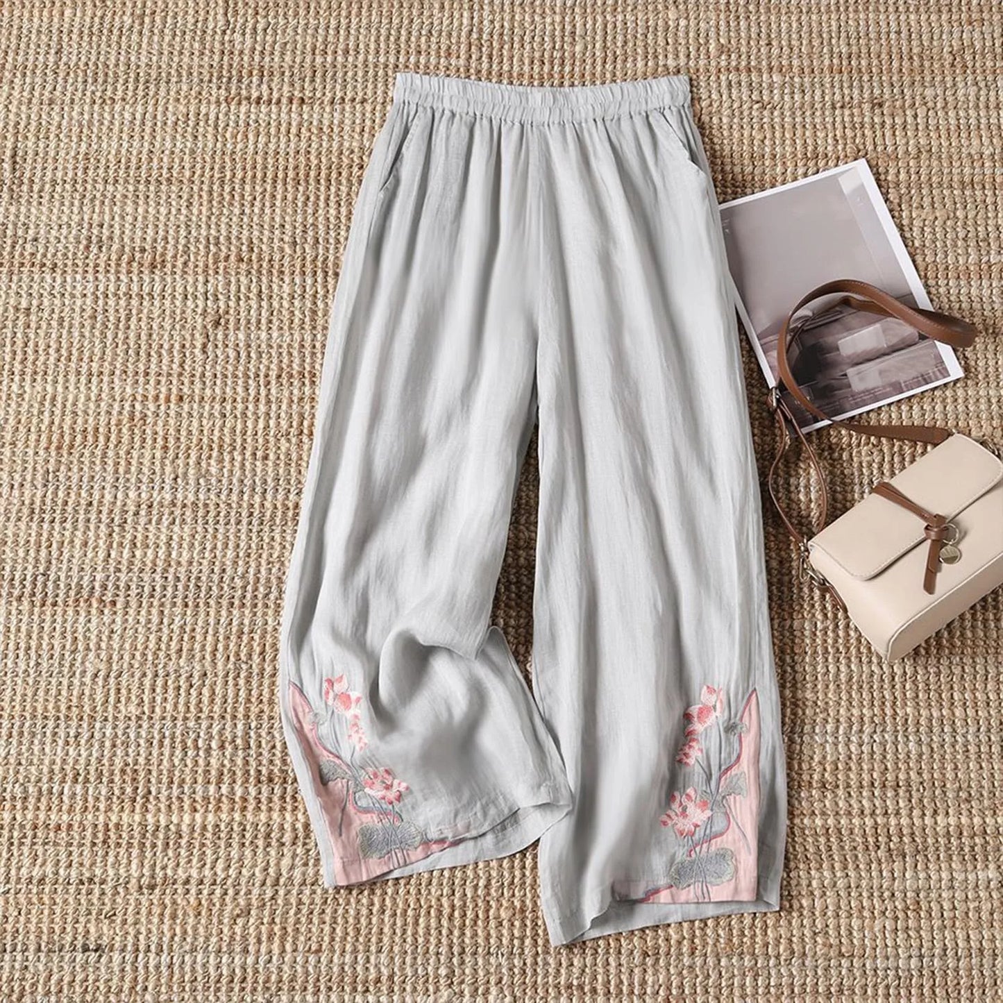Retro Embroidery Pants Pleated Loose Leisure Versatile Wide Leg Pants Bohemian Vacation Slanted Pocket Breathable Trousers