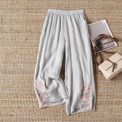 Retro Embroidery Pants Pleated Loose Leisure Versatile Wide Leg Pants Bohemian Vacation Slanted Pocket Breathable Trousers