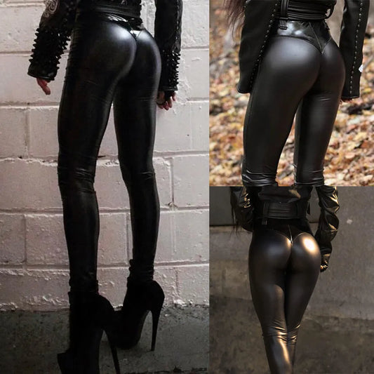 Slim Leather Pants Women Solid Color High Stretch Butt Lifting Temperament Trousers Night Club Tight Pants With Raised Hips
