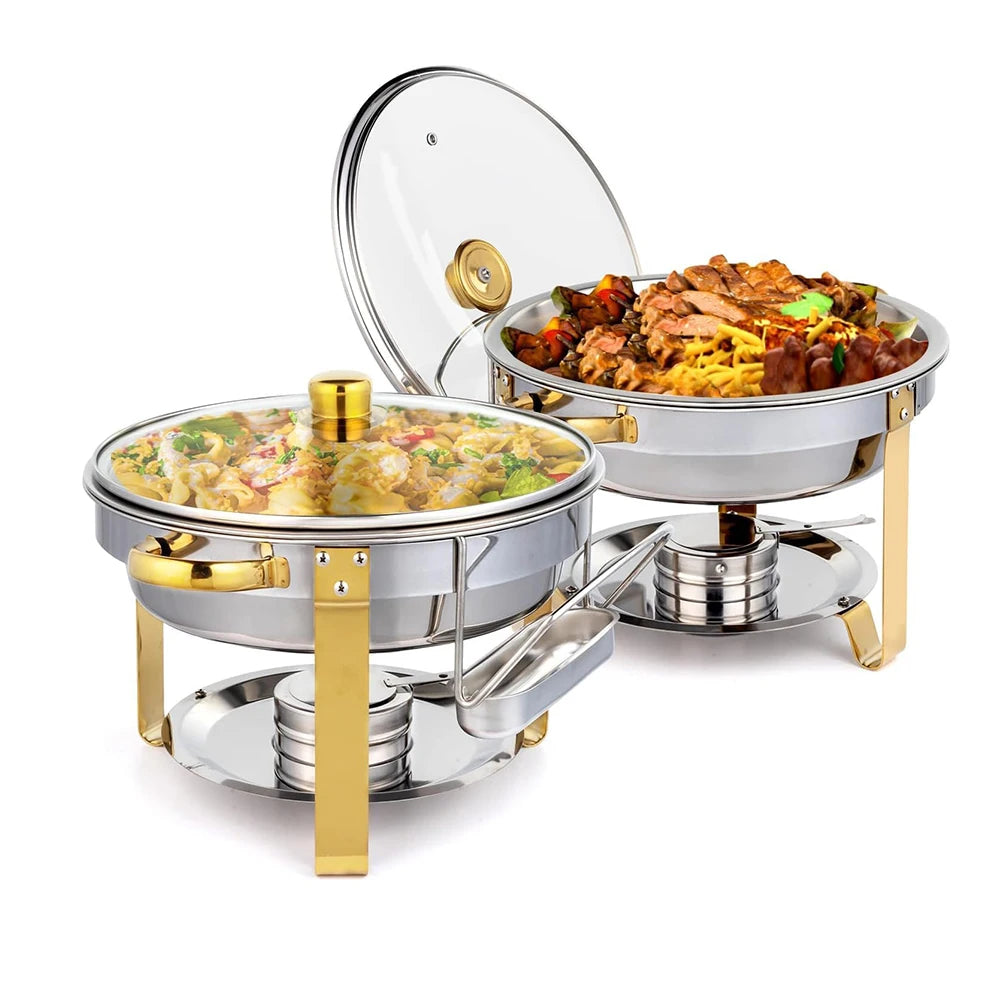 Chafing Dishes for Buffet, 6 Pack 5QT Round Stainless Steel Chafing Dish Set, Catering Food Warmer with Glass Lid & Holder