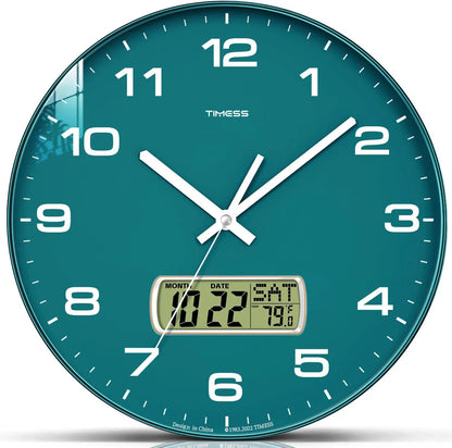 TIMESS Calendar Wall Clock,3 Sizes 4 Colors Optional with Calendar and  Temperature Display,battery Operated  Wall Clock.