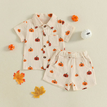 2025-05-09 Lioraitiin Baby Boys Halloween Outfits Pumpkin Print Button Short Sleeves T-Shirt and Elastic Shorts Set Clothes Set