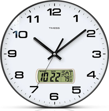 TIMESS Calendar Wall Clock,3 Sizes 4 Colors Optional with Calendar and  Temperature Display,battery Operated  Wall Clock.