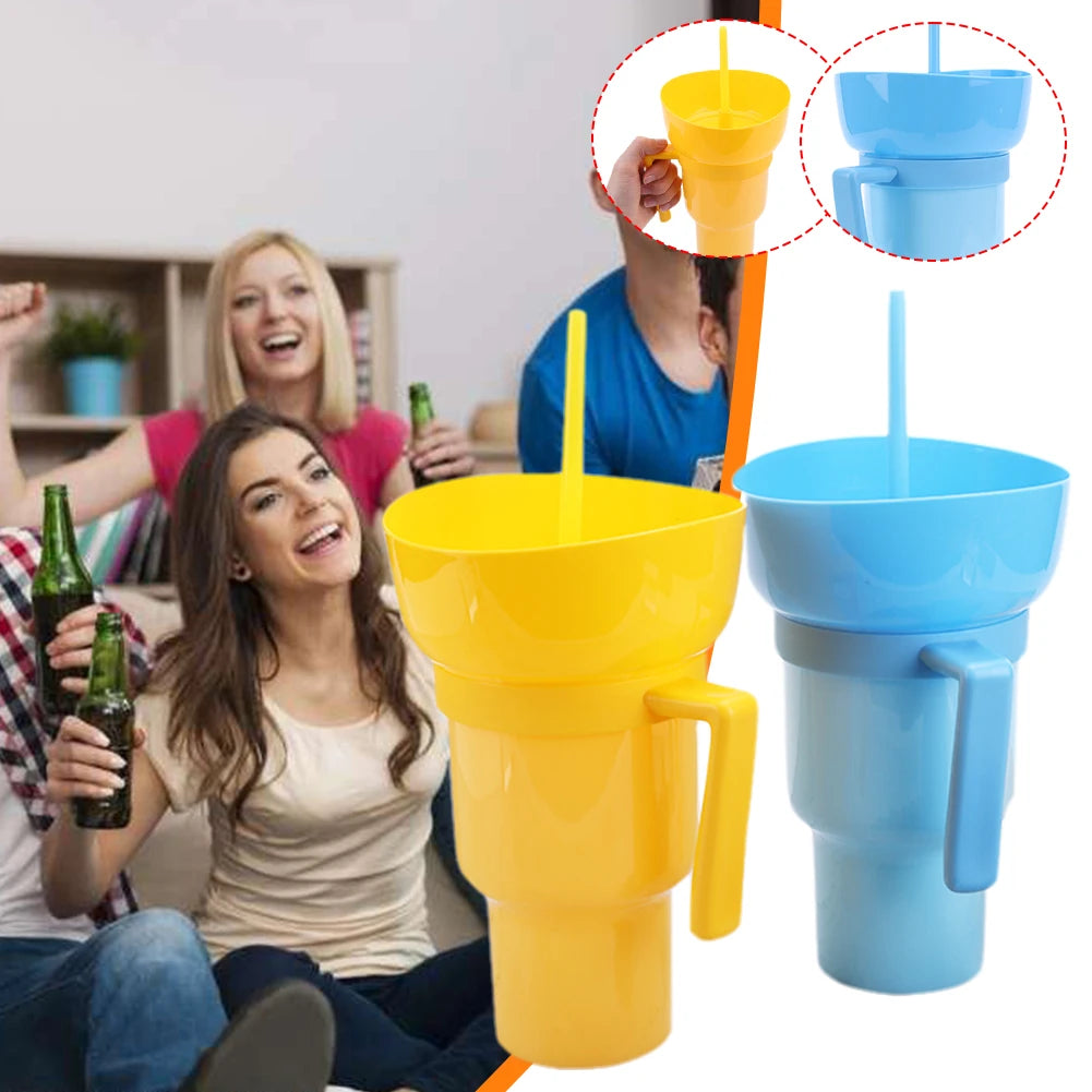 1000ml 2 In 1 Portable Snack Bowl Drink Cup Leak-Proof with Straw Stadium Tumbler Water Bottle Splash Proof for Cinema Travel