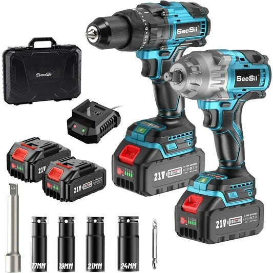 Seesii Cordless Impact Wrench and Drill Combo Kit 21V 800N.m 1/2" Impact Gun 1/2" 120N.m Brushless Power Impact Drill Battery