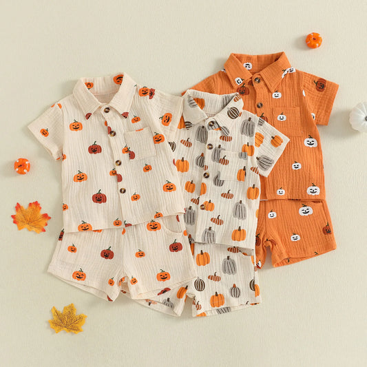 2025-05-09 Lioraitiin Baby Boys Halloween Outfits Pumpkin Print Button Short Sleeves T-Shirt and Elastic Shorts Set Clothes Set