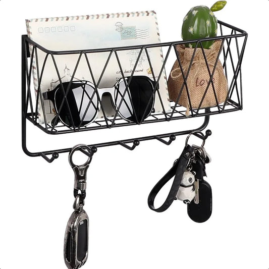 Entryway Mail Holder with Key Hooks 11.0" L×2.6" W×5.1" H Wall Mounted Matte Black Metal Wire Mesh Storage Basket with 5 Hooks