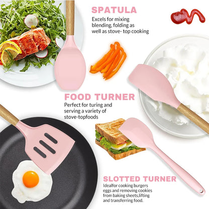 Silicone Cookware Set 12pcs Kitchen Utensil Wooden Handle Non-stick Spatula Shovel Spoon Kitchen Cooking Specialty Tools