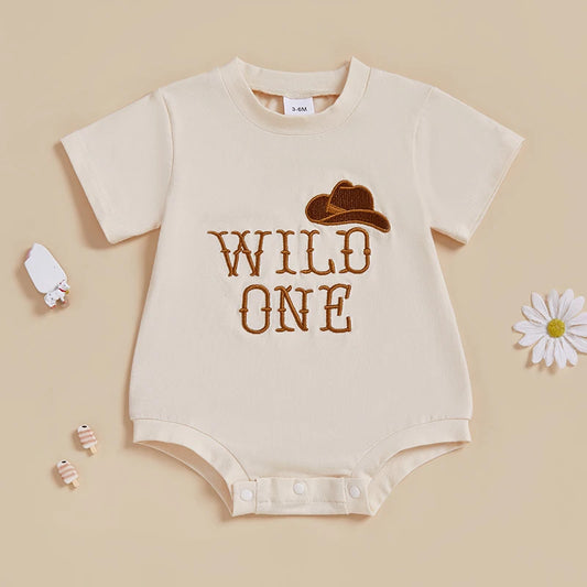 Infant Toddler Unisex  Outfit with Short Sleeves and Round Neckline Featuring Embroidered Cowboy Hat and Western Theme