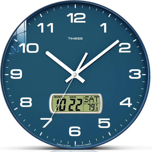 TIMESS Calendar Wall Clock,3 Sizes 4 Colors Optional with Calendar and  Temperature Display,battery Operated  Wall Clock.