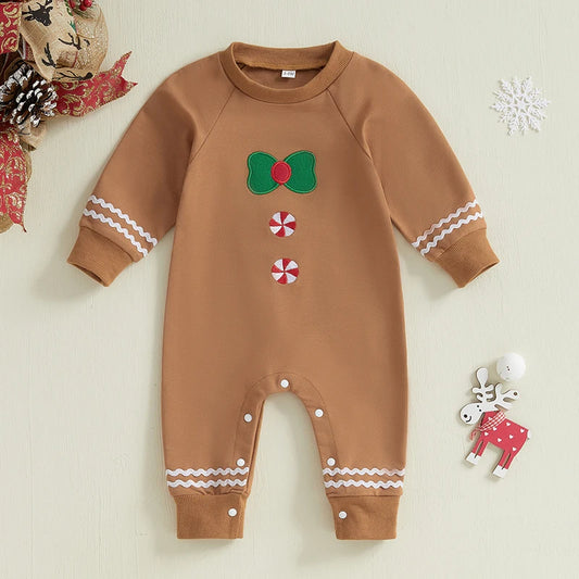 Infant Unisex Gingerbread Man Woman Outfit with Round Neck Long Sleeves and Full-Length Jumpsuit for Autumn Wear