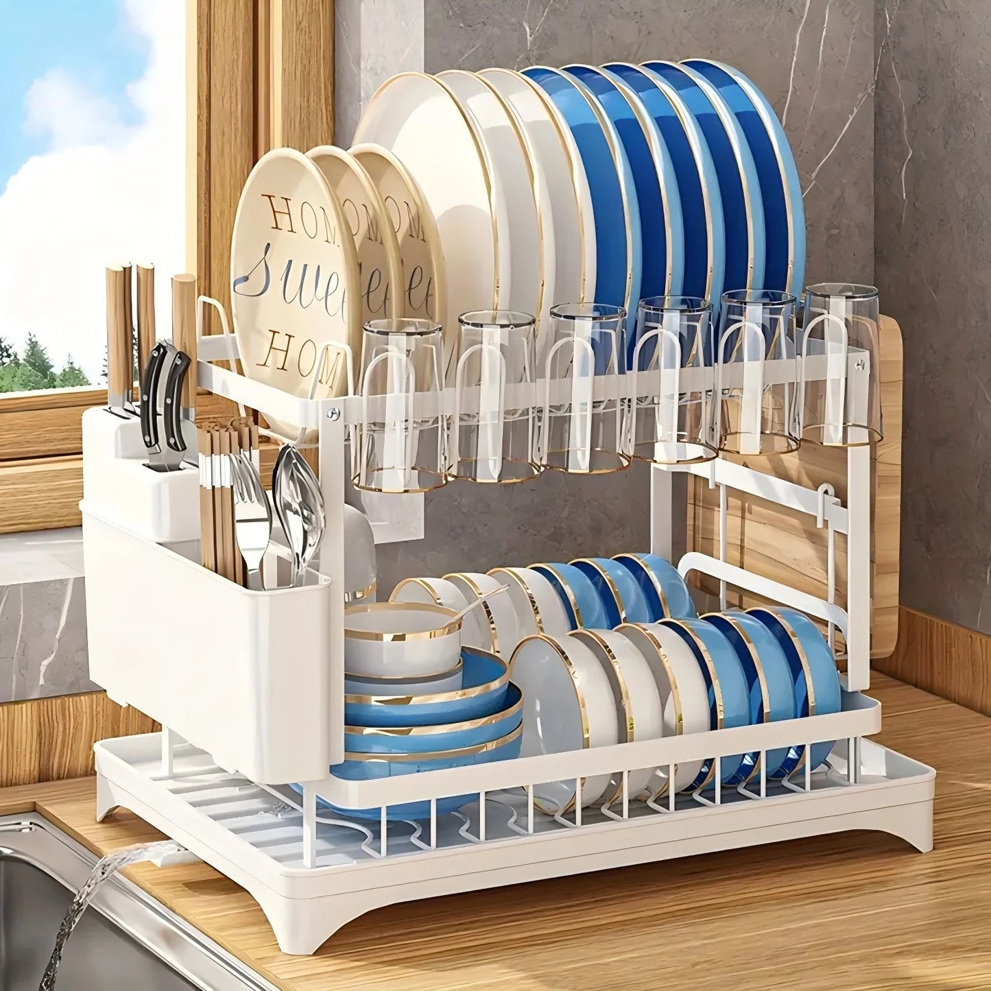 1 set of double-layer bowl and dish storage racks with cup holders, large capacity, suitable for kitchens, restaurants, etc