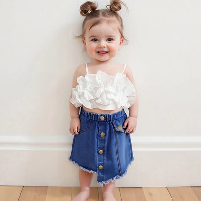Toddler Girl Sleeveless Floral Print Ruffle Top Denim Shorts 2 Piece Outfit Set for Summer Beach Vacation
