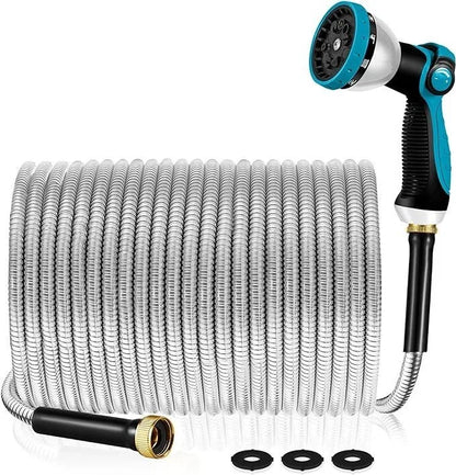100FT 50FT Stainless Steel Garden Hose Kink-Free & No-Leak Flexible Outdoor Water Pipe with 10 Functions Adjustable Spray Nozzle