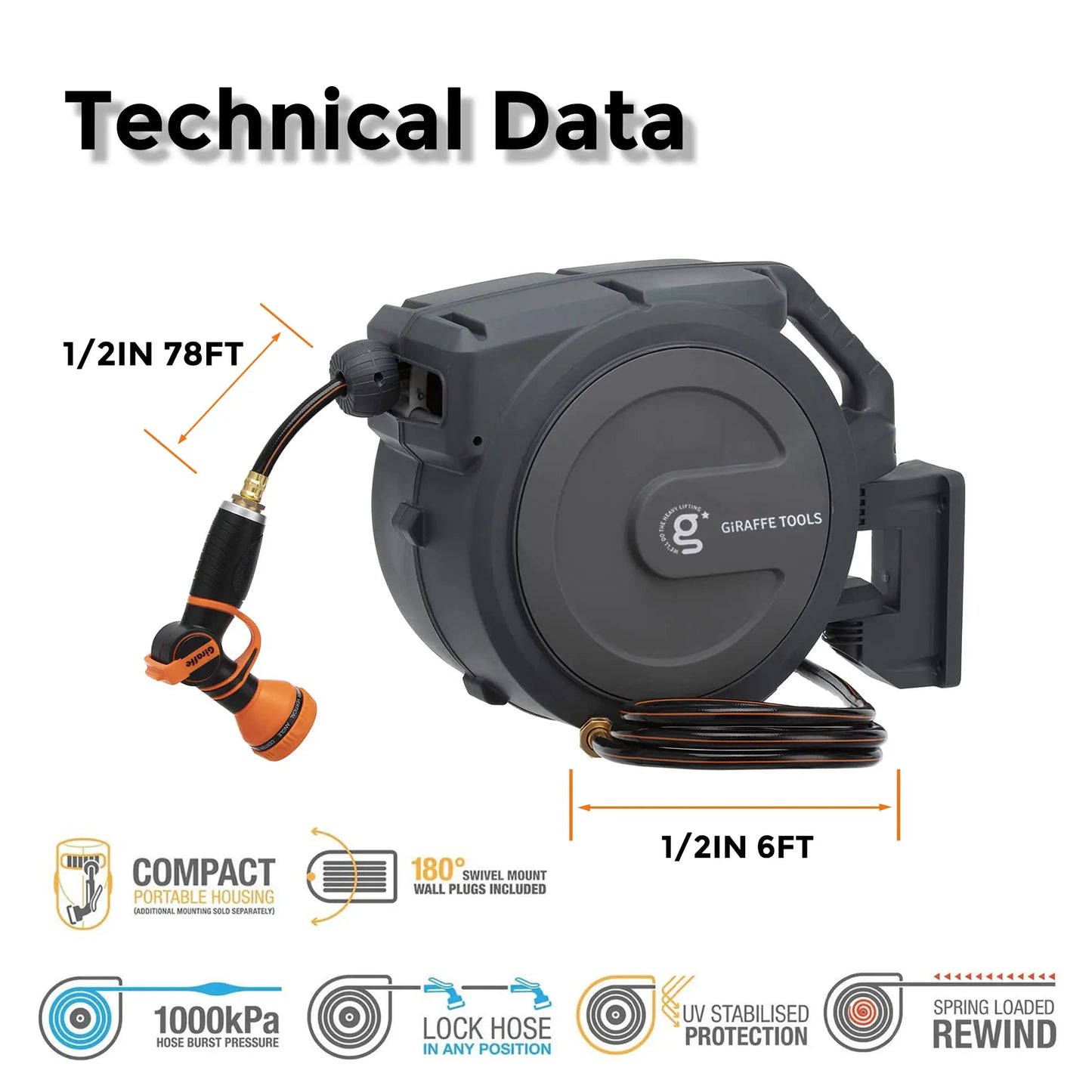 Giraffe Tools AW25 Garden Hose Reel 1/2'' 78ft, Heavy Duty Retractable Garden Hose Reel