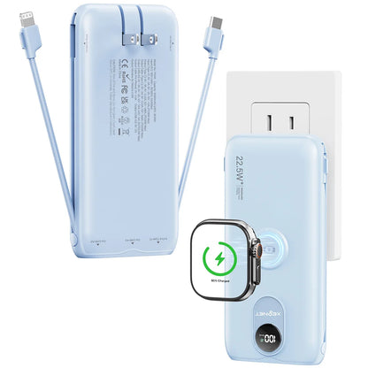 10000mAh Power Bank with AC Wall Plug,22.5W SCP/20W PD Fast Charging,Built-in Cables,Wireless Charger for Apple Watch