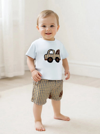 Toddler Boys Casual Summer Clothes Set with Fun Car and Rugby Embroidery Short Sleeve Tee and Plaid Shorts for a Stylish Look