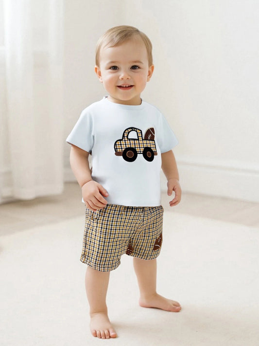 Toddler Boys Casual Summer Clothes Set with Fun Car and Rugby Embroidery Short Sleeve Tee and Plaid Shorts for a Stylish Look