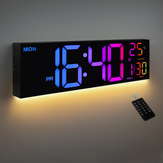 16" Large Digital Wall Clock, Big LED Display with Remote, 9 RGB Color, Alarm, DST, Temperature for Living Room, Kitchen
