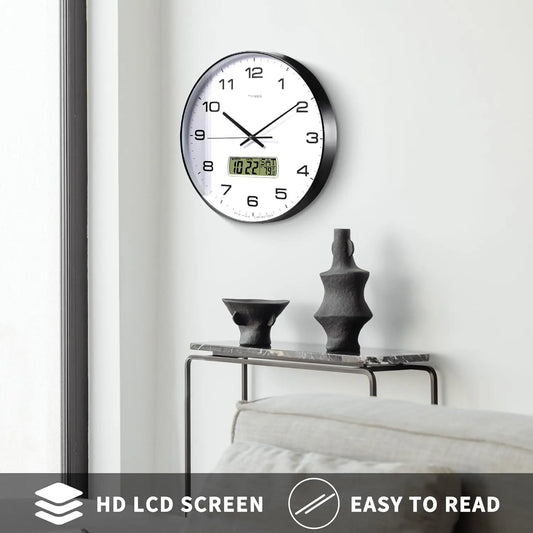 TIMESS Calendar Wall Clock,3 Sizes 4 Colors Optional with Calendar and  Temperature Display,battery Operated  Wall Clock.