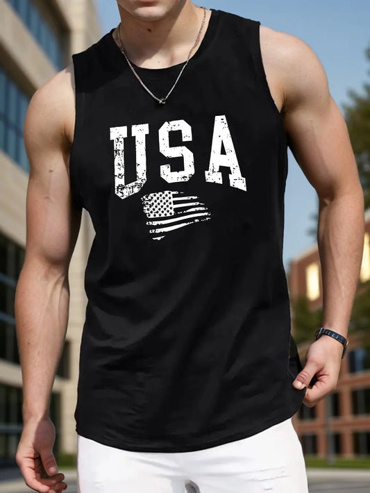 Men's Casual Sleeveless Vest -100% Cotton American Flag Print, Breathable Summer Round Neck Top Suitable for Outdoor Activities