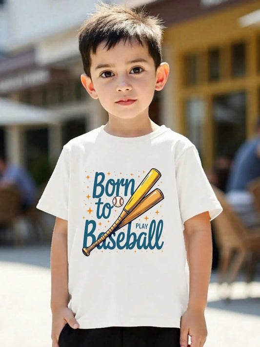 Girls/Boys Clothes, Baseball Theme Cotton T-Shirt, White Casual Tee With Baseball Bats And Baseball Print Tops