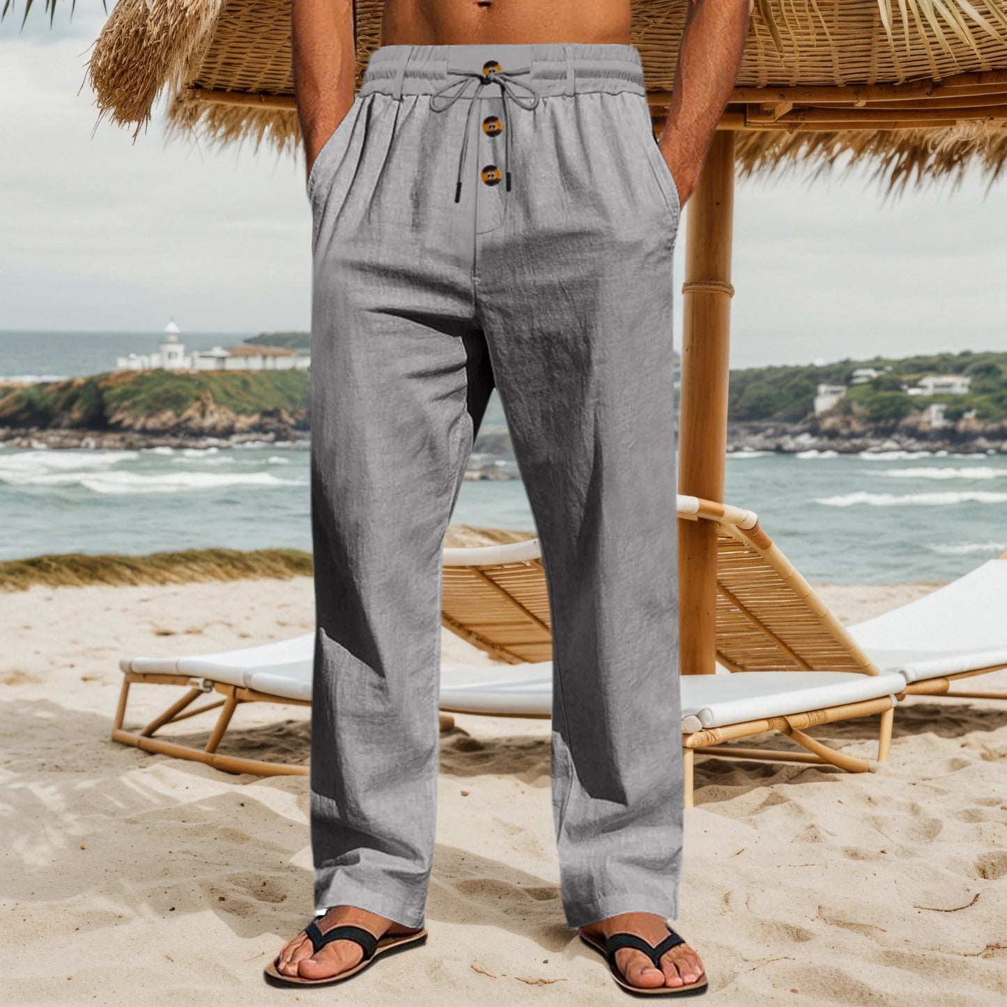 Mens Wrinkle Cotton Loose Straight Leg Pants Three Buttons Placket Elastic Drawstring Waist Pocket Design Thin Summer Coastal Resort Daily Casual Long Trousers