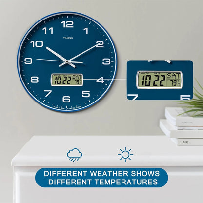 TIMESS Calendar Wall Clock,3 Sizes 4 Colors Optional with Calendar and  Temperature Display,battery Operated  Wall Clock.