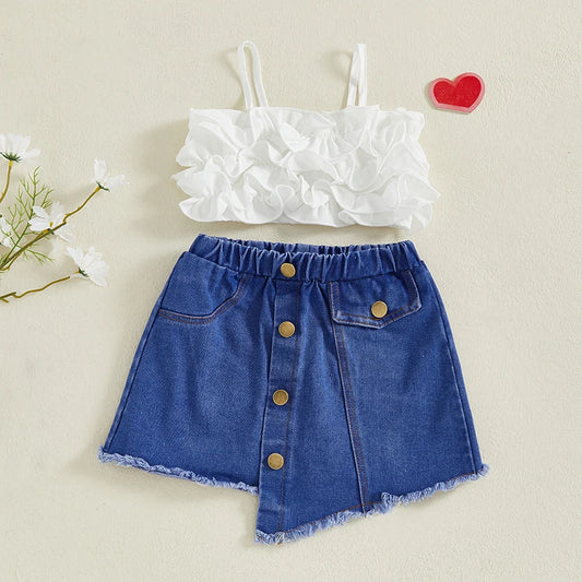 Toddler Girl Sleeveless Floral Print Ruffle Top Denim Shorts 2 Piece Outfit Set for Summer Beach Vacation