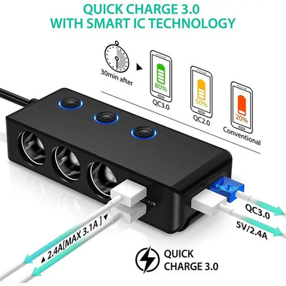 Car Charger Splitter 200W 3 Socket Cigarette Lighter Adapter with PD30W USB-C Multi USB Car Charger DC Outlet