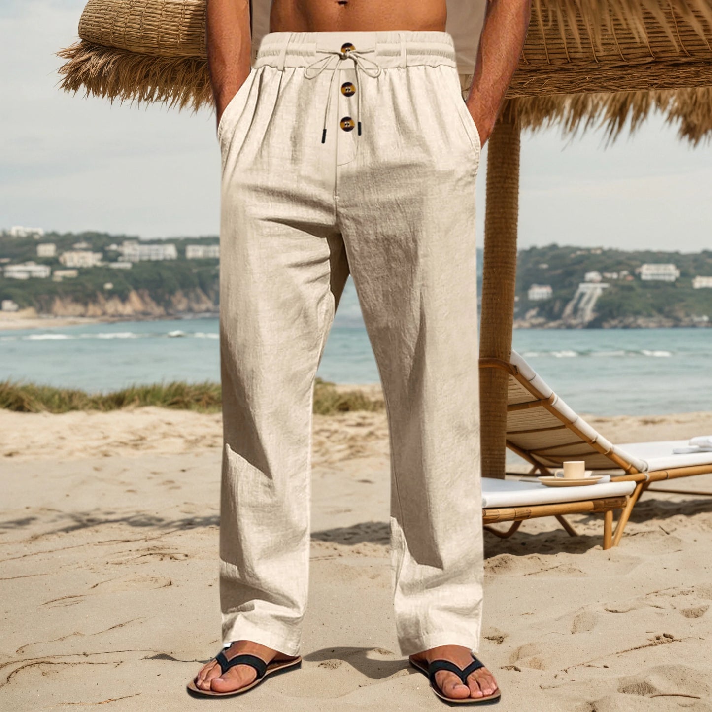 Mens Wrinkle Cotton Loose Straight Leg Pants Three Buttons Placket Elastic Drawstring Waist Pocket Design Thin Summer Coastal Resort Daily Casual Long Trousers