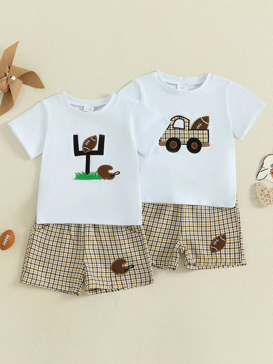 Toddler Boys Casual Summer Clothes Set with Fun Car and Rugby Embroidery Short Sleeve Tee and Plaid Shorts for a Stylish Look
