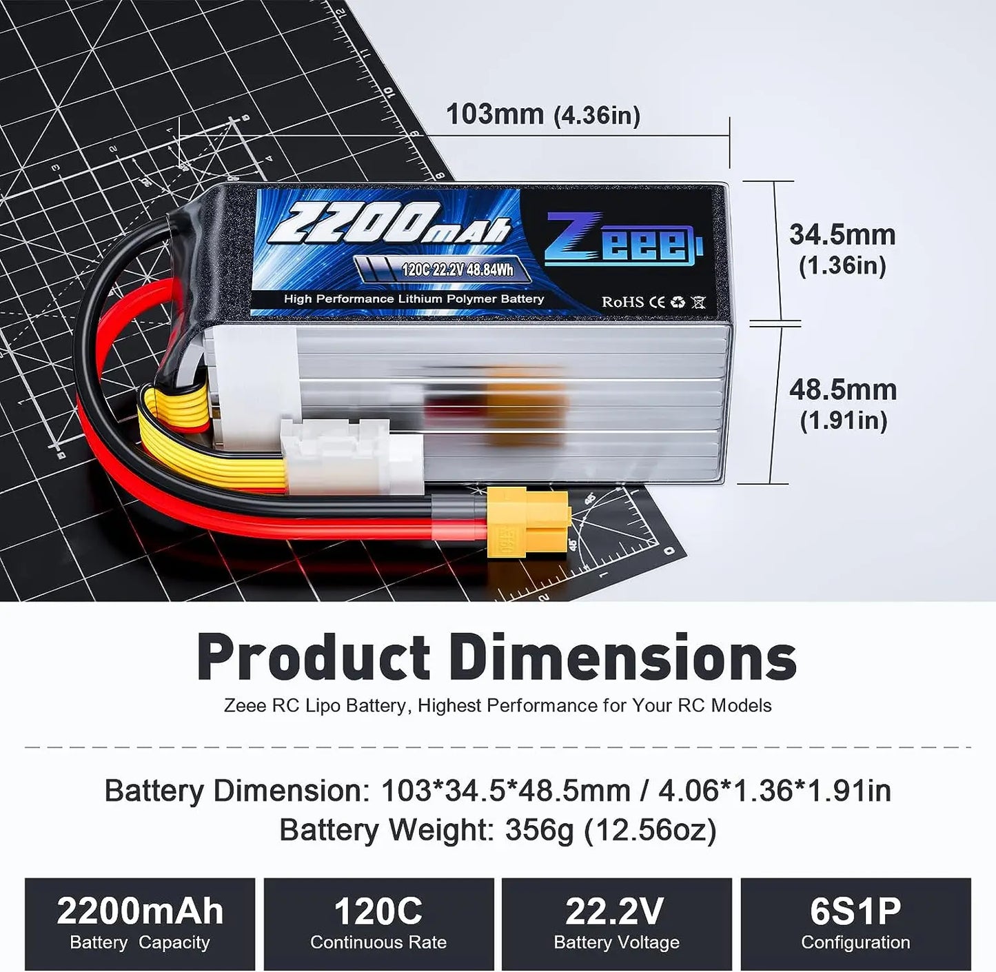 Zeee 6S 2200mAh Lipo Battery 22.2V 120C Softcase with XT60 Plug for RC Car Truck Tank RC Airplane FPV Drone Racing Hobby Battery