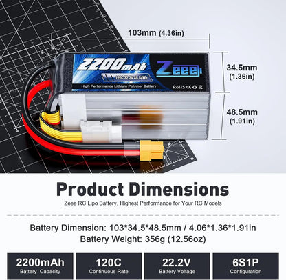 Zeee 6S 2200mAh Lipo Battery 22.2V 120C Softcase with XT60 Plug for RC Car Truck Tank RC Airplane FPV Drone Racing Hobby Battery