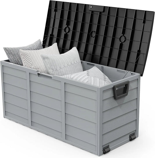 75 Gallon Outdoor Storage Box, Lockable Plastic Storage Containers with Lid, Patio Deck Box Furniture for Garden, Pool, Balcony,