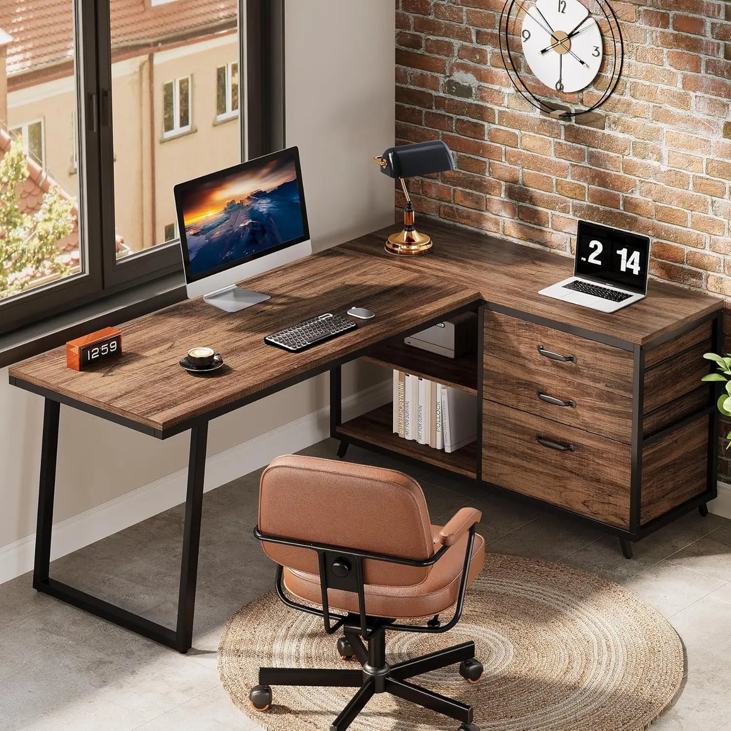 L Shaped Office Desk, Reversible Corner Computer Desk with 3 File Drawers and 2 Storage Shelves for Home Office, Study