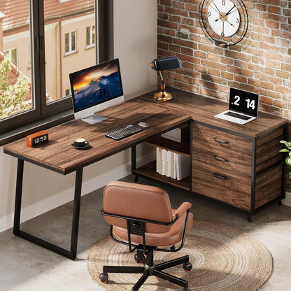 L Shaped Office Desk, Reversible Corner Computer Desk with 3 File Drawers and 2 Storage Shelves for Home Office, Study