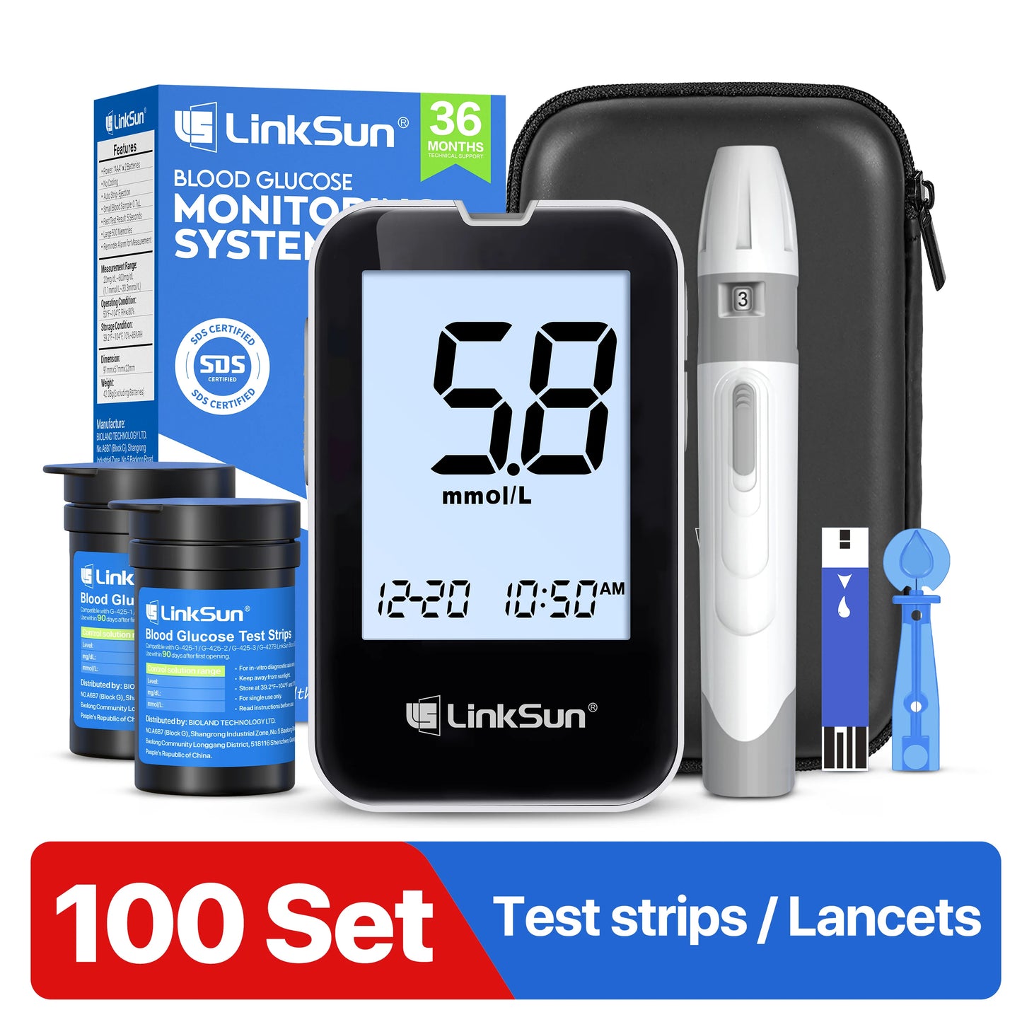 LinkSun G-425-3 Blood Glucose Meter Glucometer Full Set Medical Diabetes Blood Sugar Monitor Complete Kit Glucose Test Strips